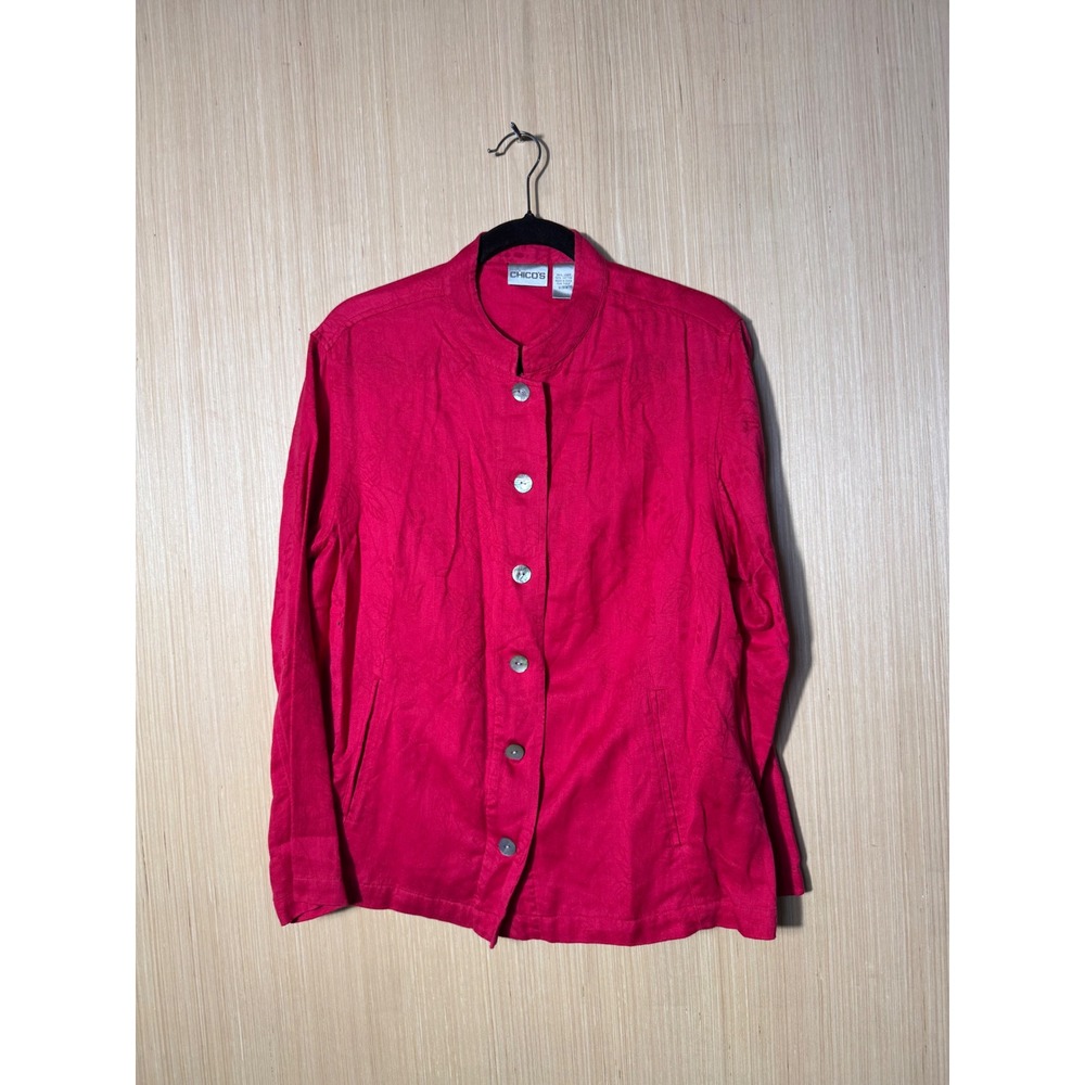 Chicos Linen Cotton Jacquard Jacket Size 2 Mandarin Collar Button Front Pockets